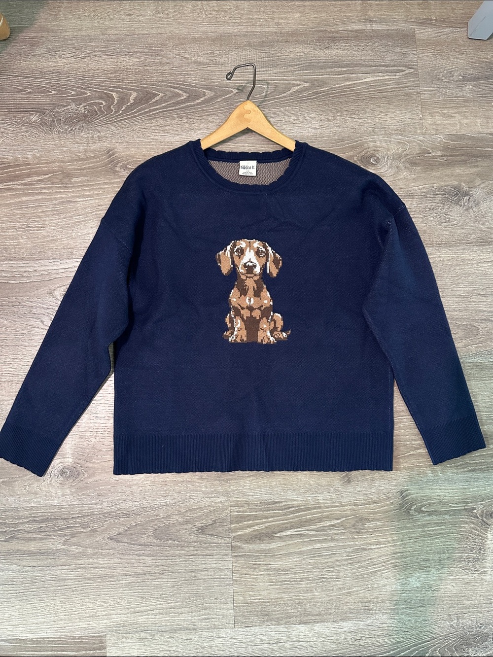 Navy Crewneck Sweater with Brown Puppy Intarsia - Dog Motif